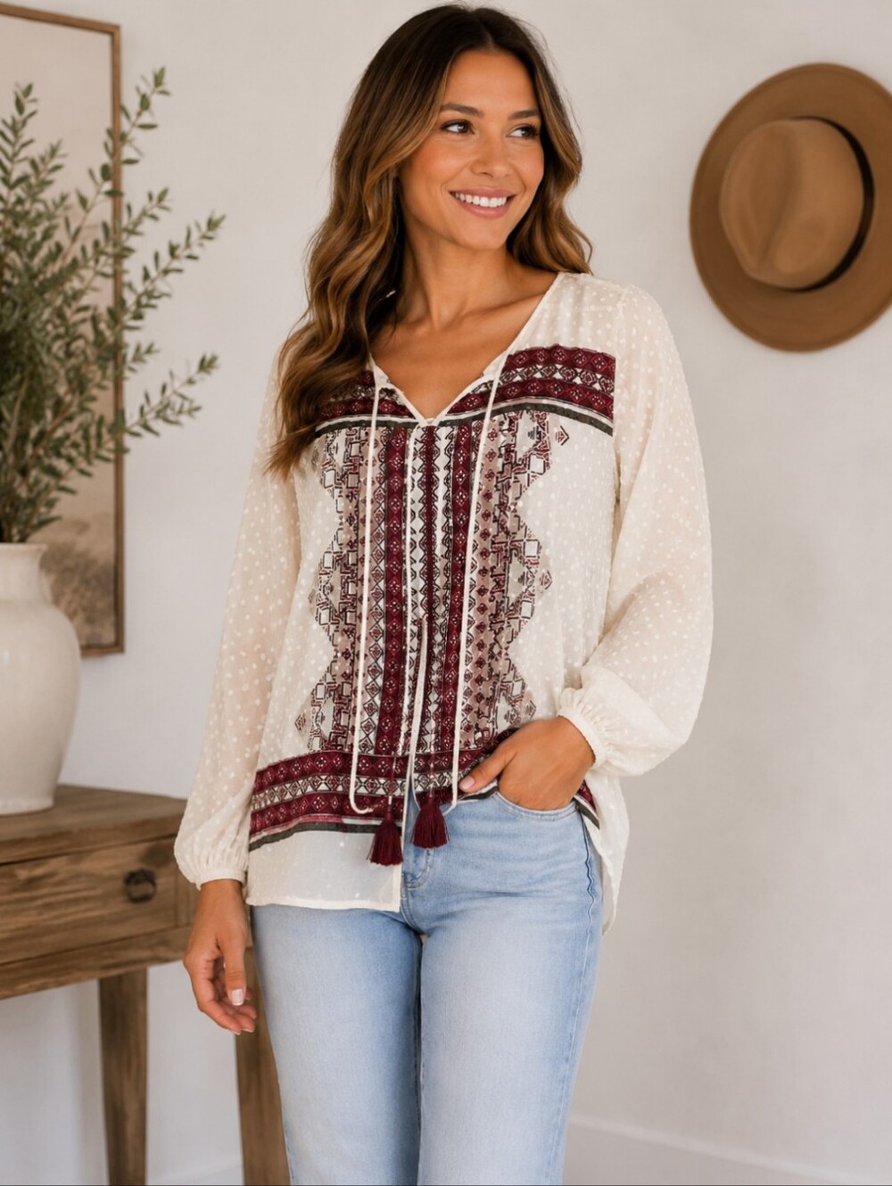 Signature Studio Cream Boho Cottagecore Peasant Blouse with Burgundy Pattern